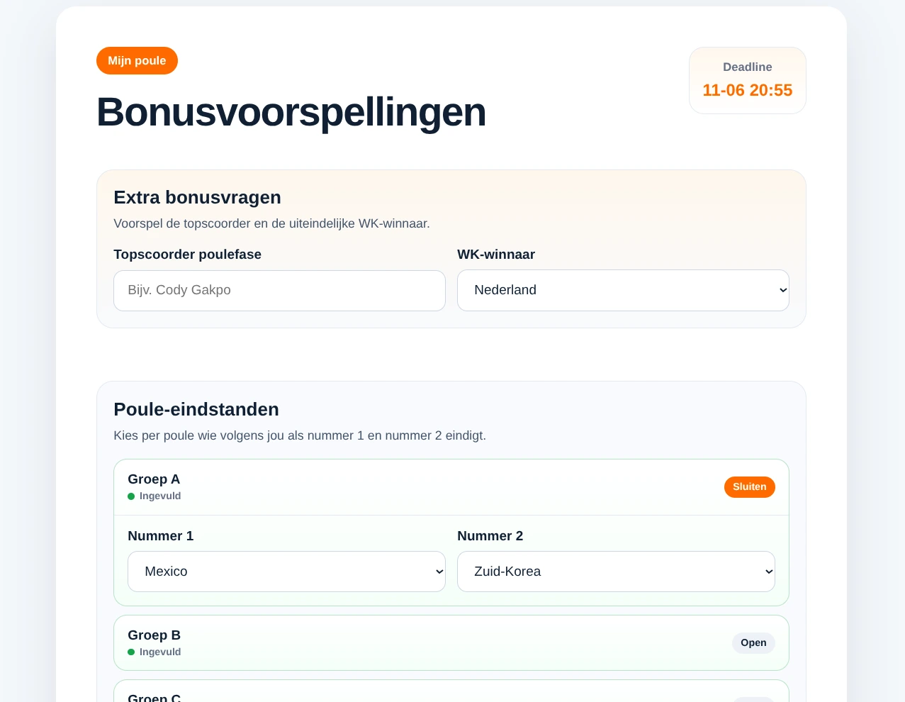 Voorspellingen invullen in WK Poule Schouwen-Duiveland
